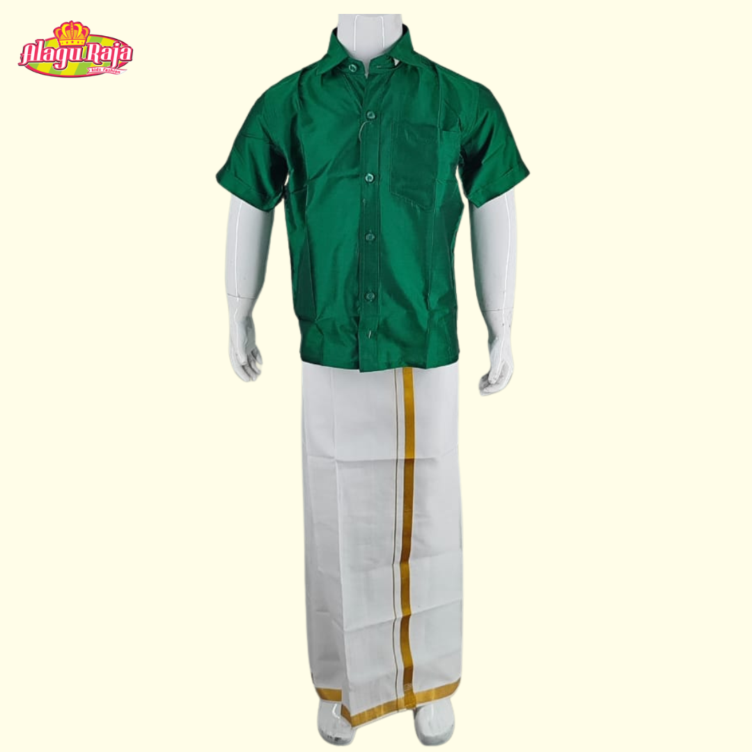 This Green short-sleeve shirt with a chest pocket paired with white velcro dhoti featuring Golden line borders.