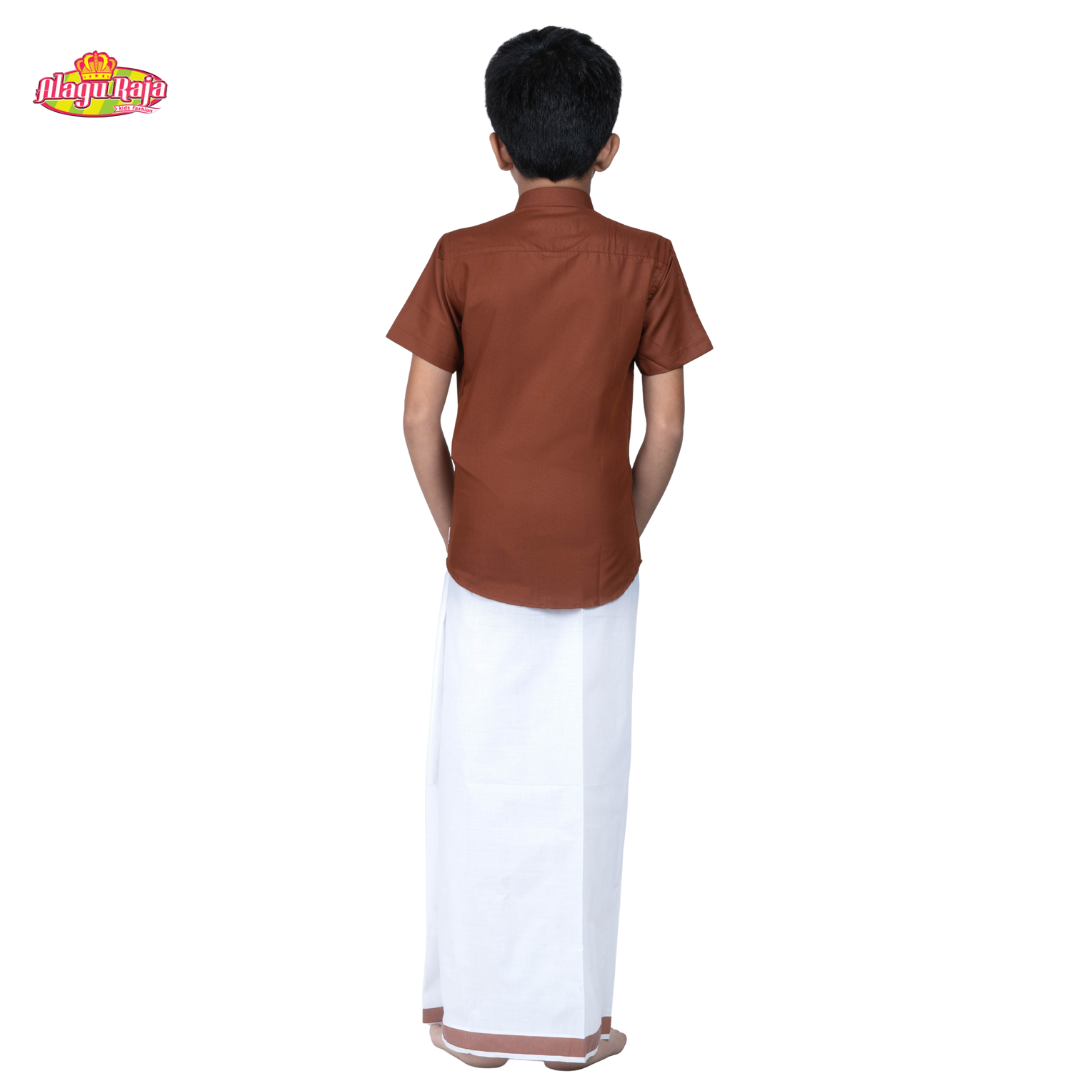 Brown Shirt & White Dhothi | Boys Dhothi Set | Kids Ethnic Wear