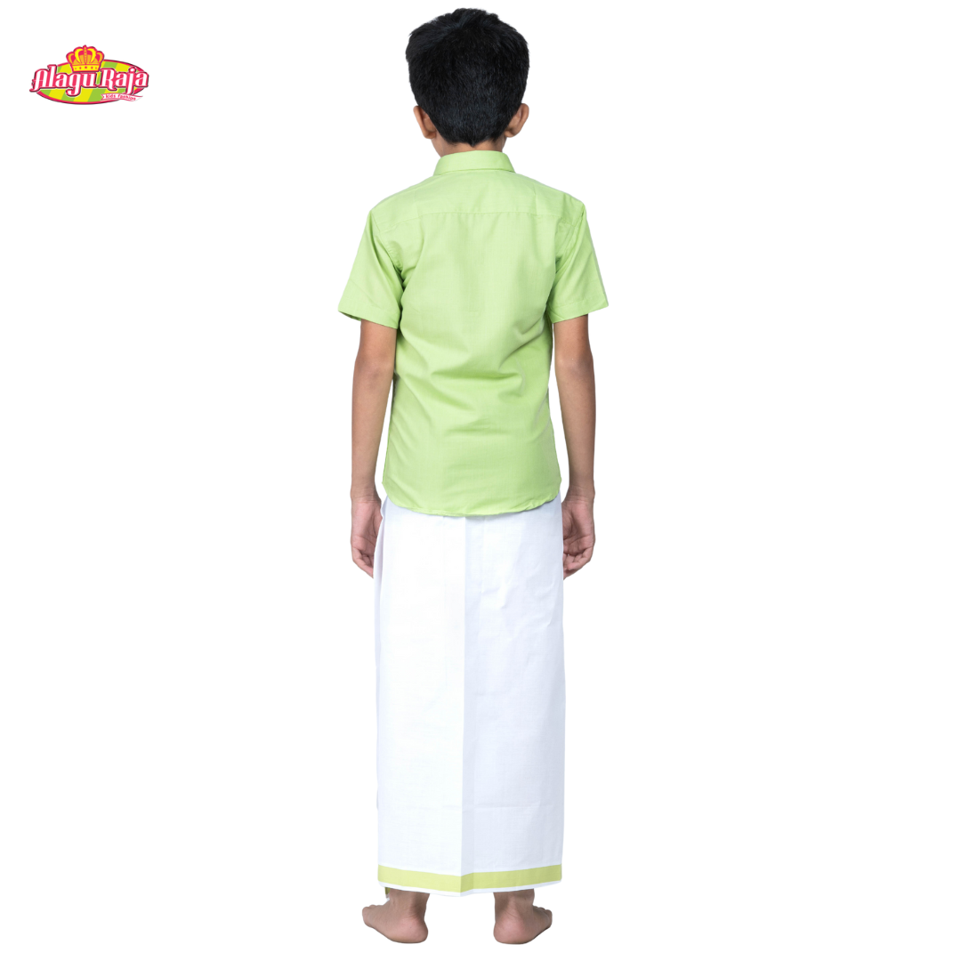 Green Shirt & White Dhothi | Boys Dhothi Set | Kids Ethnic Wear