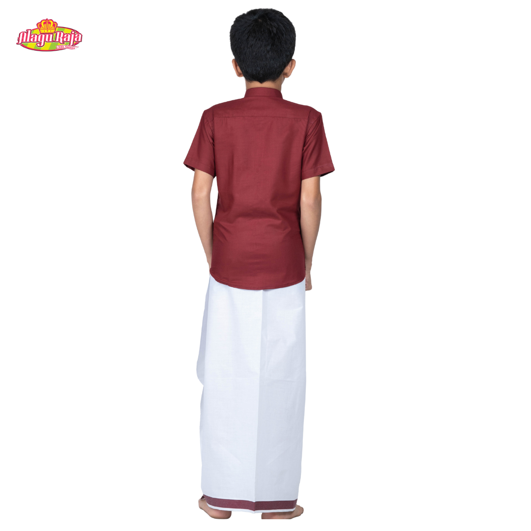 Maroon Shirt & White Dhothi | Boys Dhothi Set | Kids Ethnic Wear