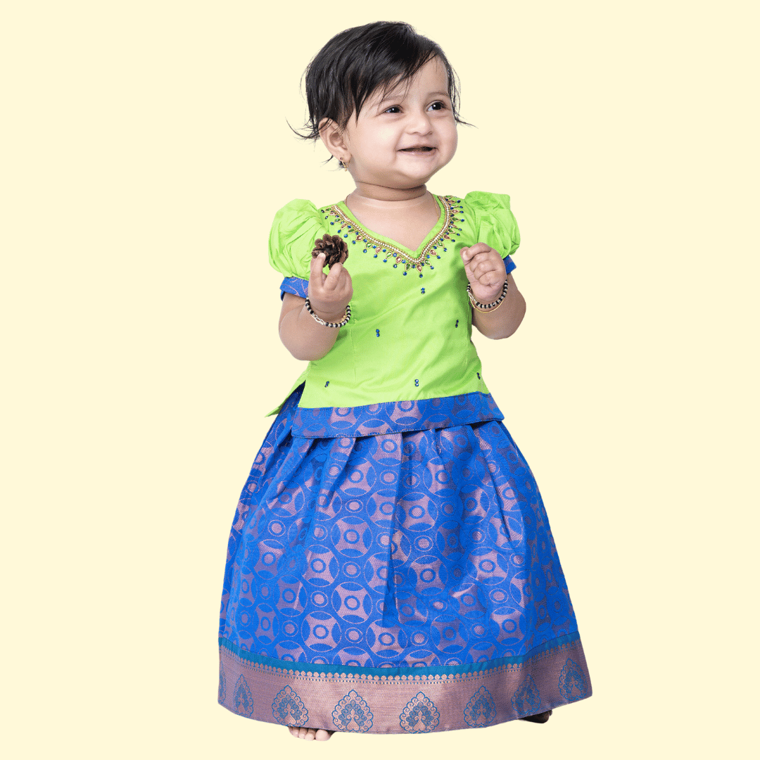 Parrot Green With blue color Pattupavadai for 1-5years old Babies
