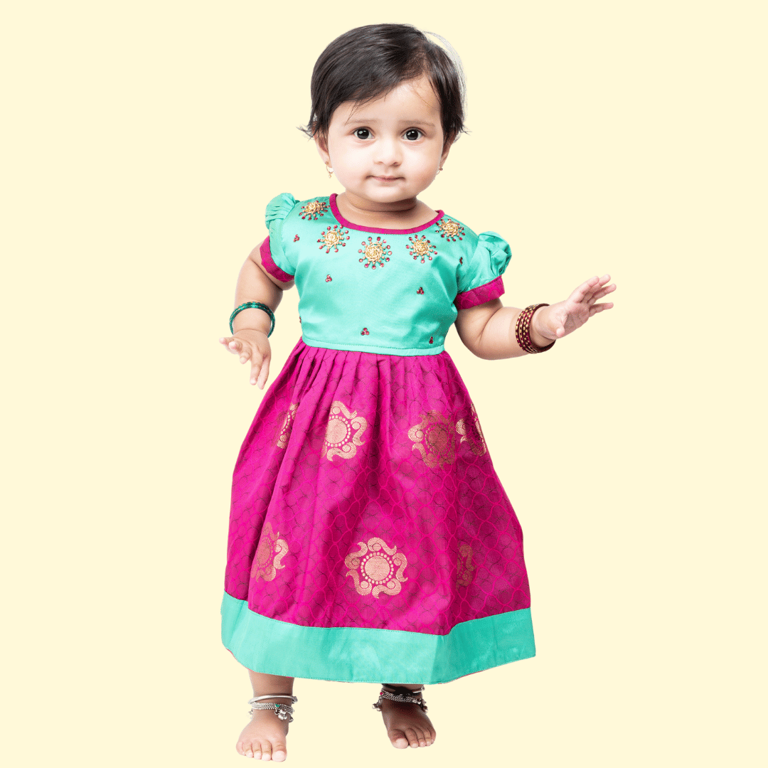 Light Green with Pink color Frock for Newborn,3M,6M & 9M old Babies