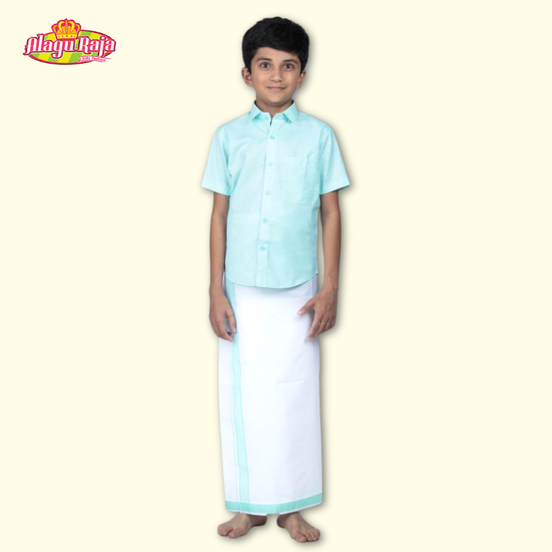 This Light Blue short-sleeve shirt with a chest pocket paired with white velcro dhoti featuring Blue line borders.