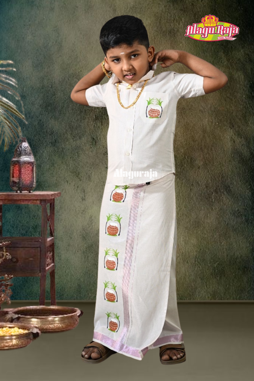 Boy's Pink colour Pongal printed Dhothi set