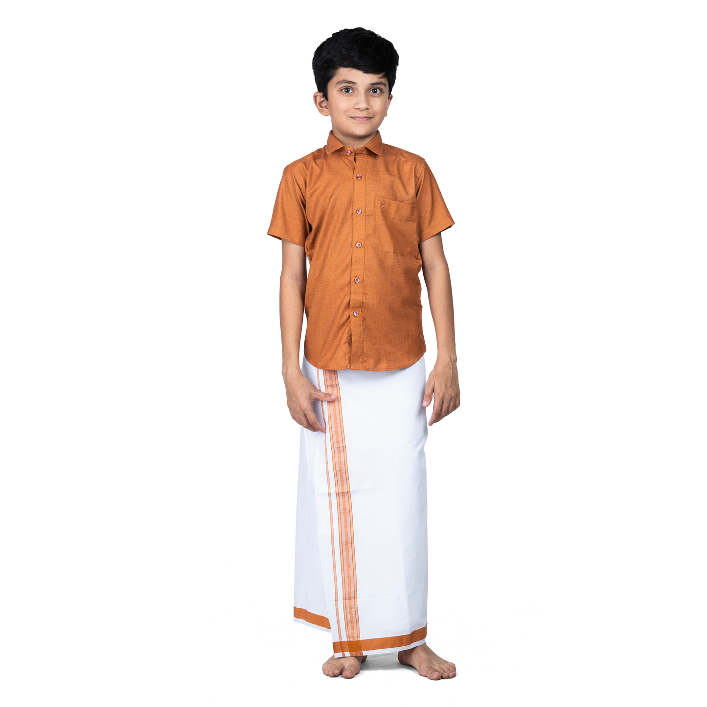 This Honey Orange colour short-sleeve shirt with a chest pocket paired with white velcro dhothi featuring colour line borders.