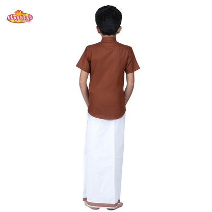 Brown Shirt & White Dhothi | Boys Dhothi Set | Kids Ethnic Wear