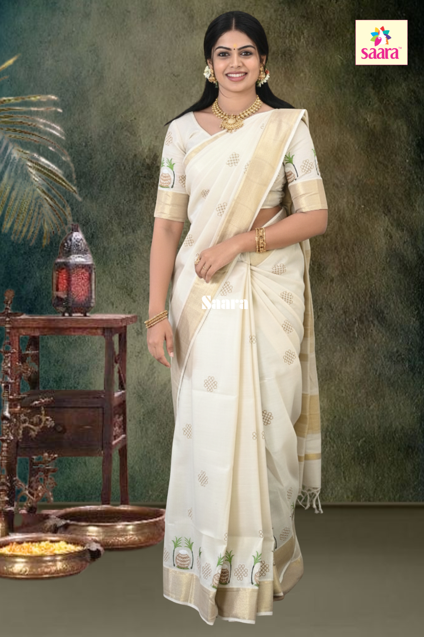 This saree has pongal and kolam prints with Running Blouse.