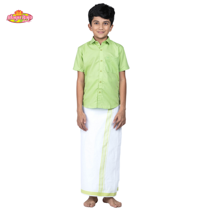 This Green short-sleeve shirt with a chest pocket paired with white velcro dhothi featuring Green line borders.