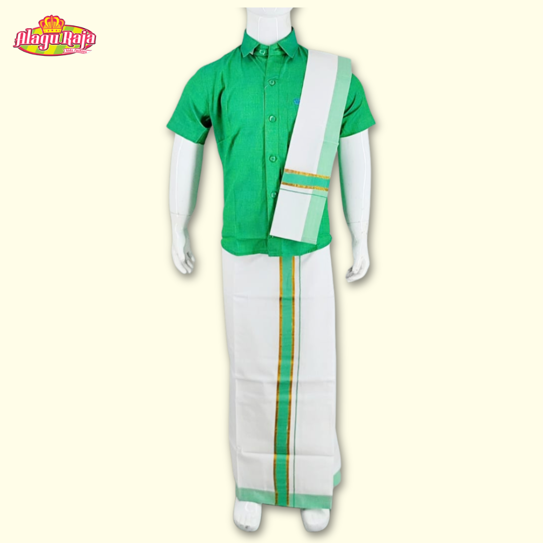This Green short-sleeve shirt with a chest pocket paired with white velcro dhoti featuring Green and brown line borders.