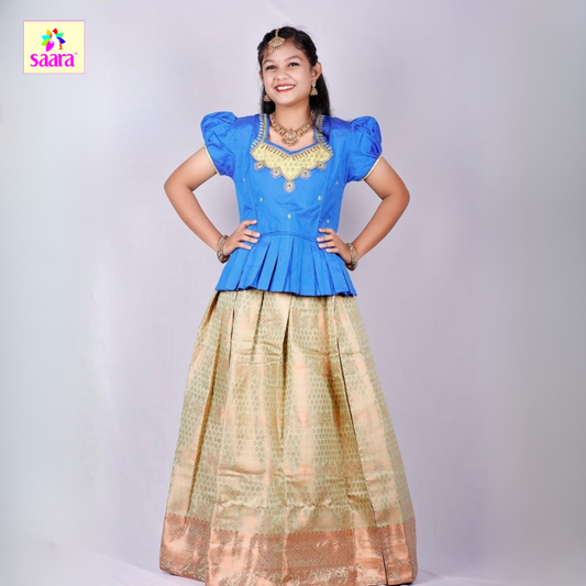 This pattu pavadai features a Sky Blue blouse with Stone work& Patch work and Frill design with a matching Light Green skirt made of jacquard fabric.