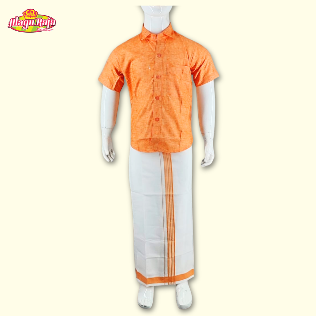 This Orange short-sleeve shirt with a chest pocket paired with white velcro dhoti featuring Orange line borders.