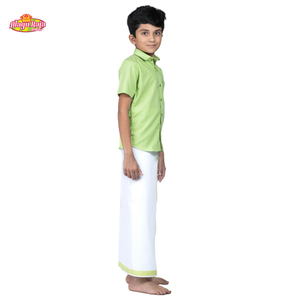 Green Shirt & White Dhothi | Boys Dhothi Set | Kids Ethnic Wear