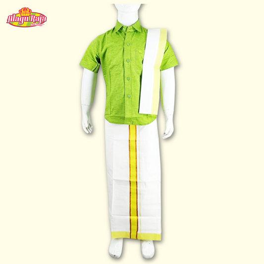 This Green short-sleeve shirt with a chest pocket paired with white velcro dhoti featuring Green and brown line borders with a matching sash.
