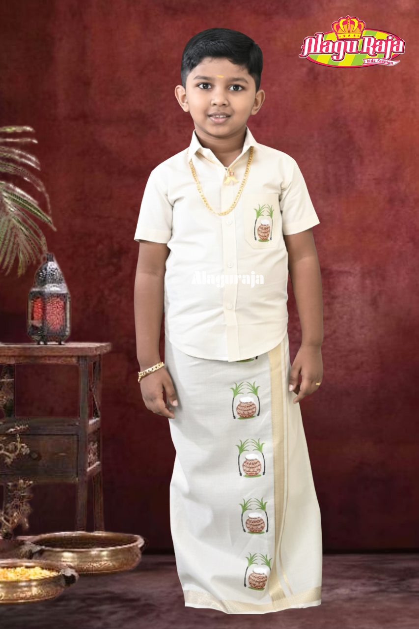 Golden Colour Monochromatic Pongal printed Dhothi set