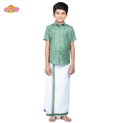 This Green short-sleeve shirt with a chest pocket paired with white velcro dhothi featuring Green line borders.