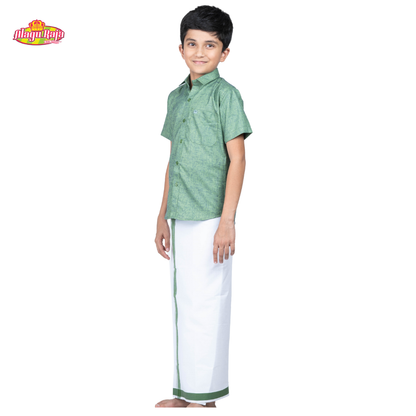 Green Shirt & White Dhothi | Boys Dhothi Set | Kids Ethnic Wear