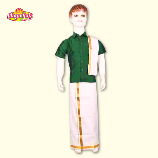 This  Dark Green short-sleeve shirt with white dhoti featuring Golden borders with matching sash.