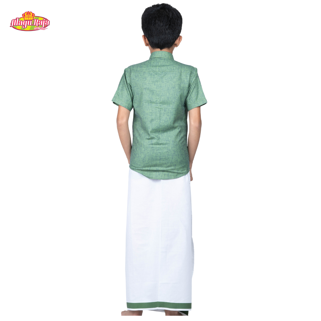 Green Shirt & White Dhothi | Boys Dhothi Set | Kids Ethnic Wear