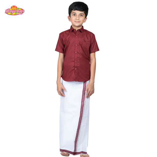 This Maroon short-sleeve shirt with a chest pocket paired with white velcro dhothi featuring Maroon line borders.