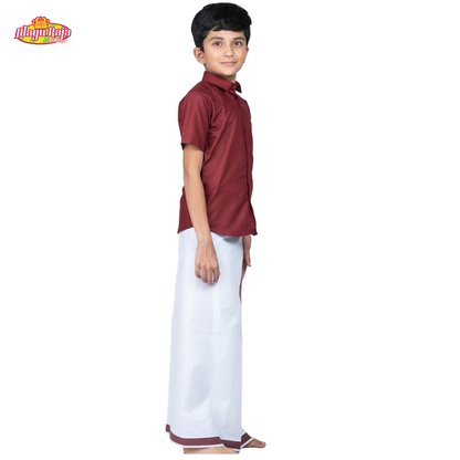 Maroon Shirt & White Dhothi | Boys Dhothi Set | Kids Ethnic Wear