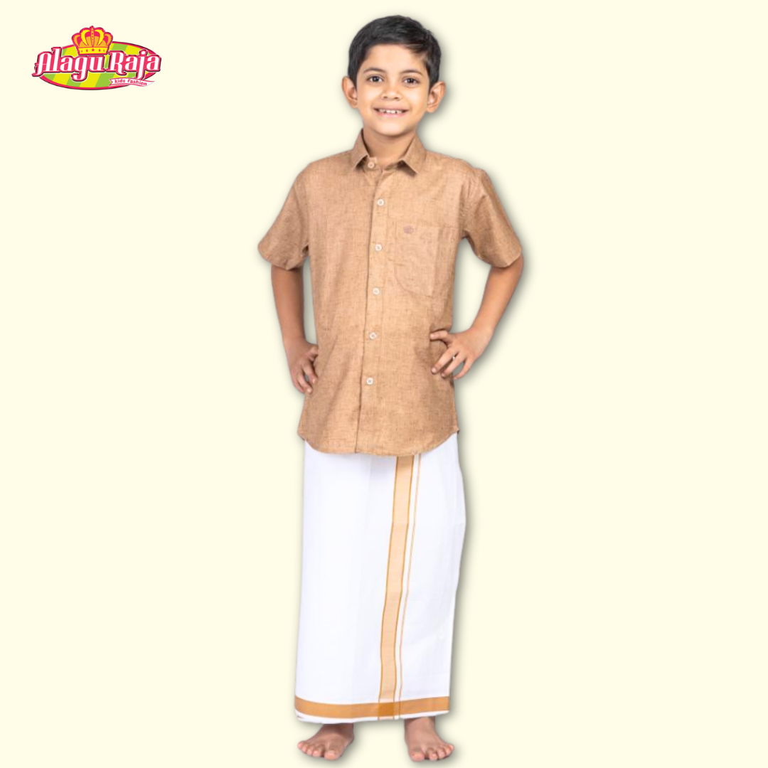 This Beige short-sleeve shirt with a chest pocket paired with white velcro dhoti featuring Beige and brown line borders.
