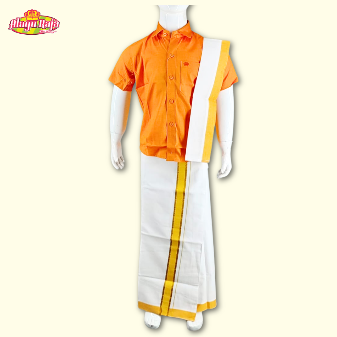 This Orange short-sleeve shirt with a chest pocket paired with white velcro dhoti featuring Orange and brown line borders wth matching sash.