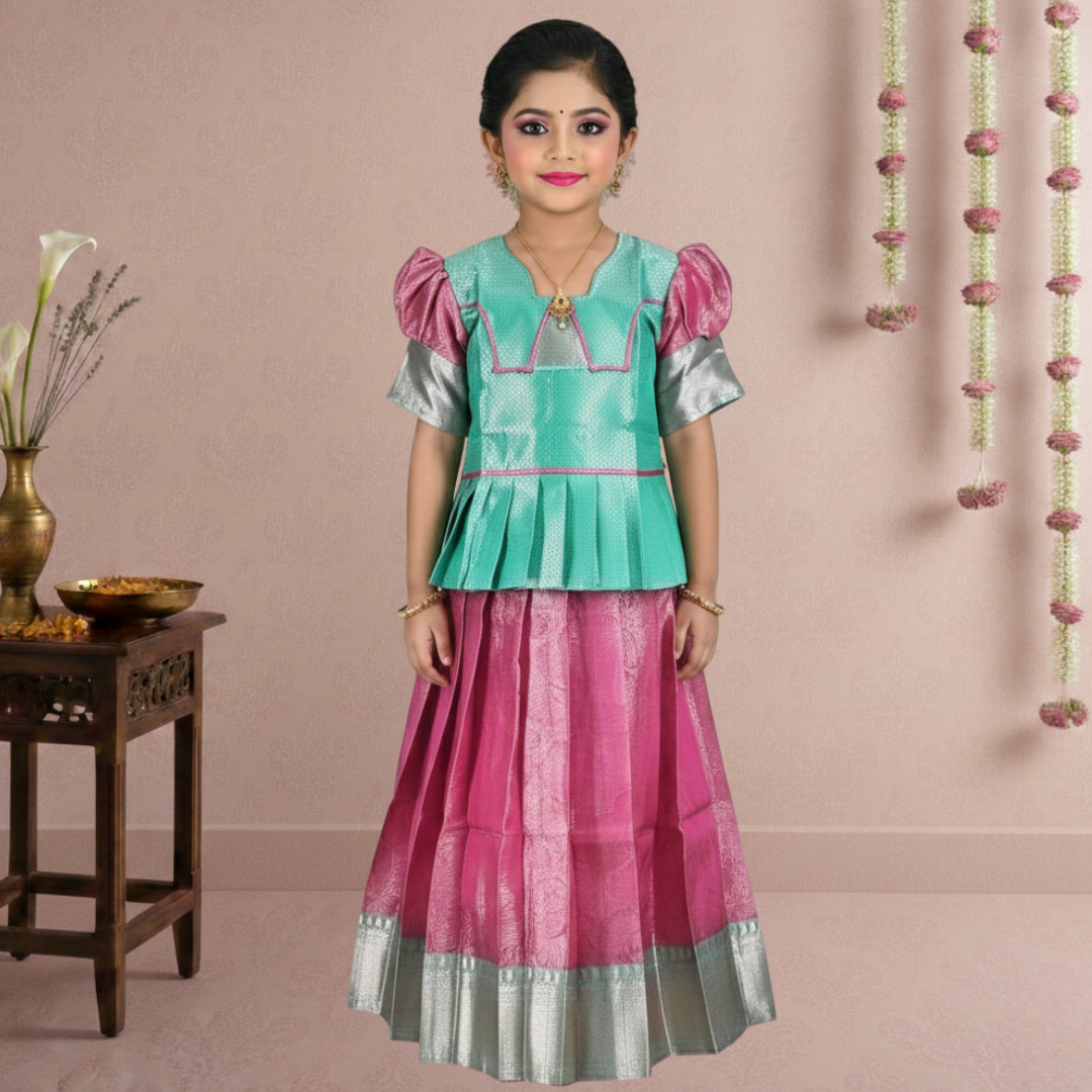 Green & Pink Pattu Pavadai | Girls Traditional Wear |Kids Ethnic Wear