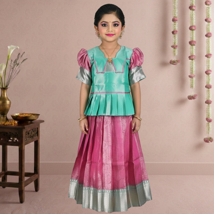 Green & Pink Pattu Pavadai | Girls Traditional Wear |Kids Ethnic Wear