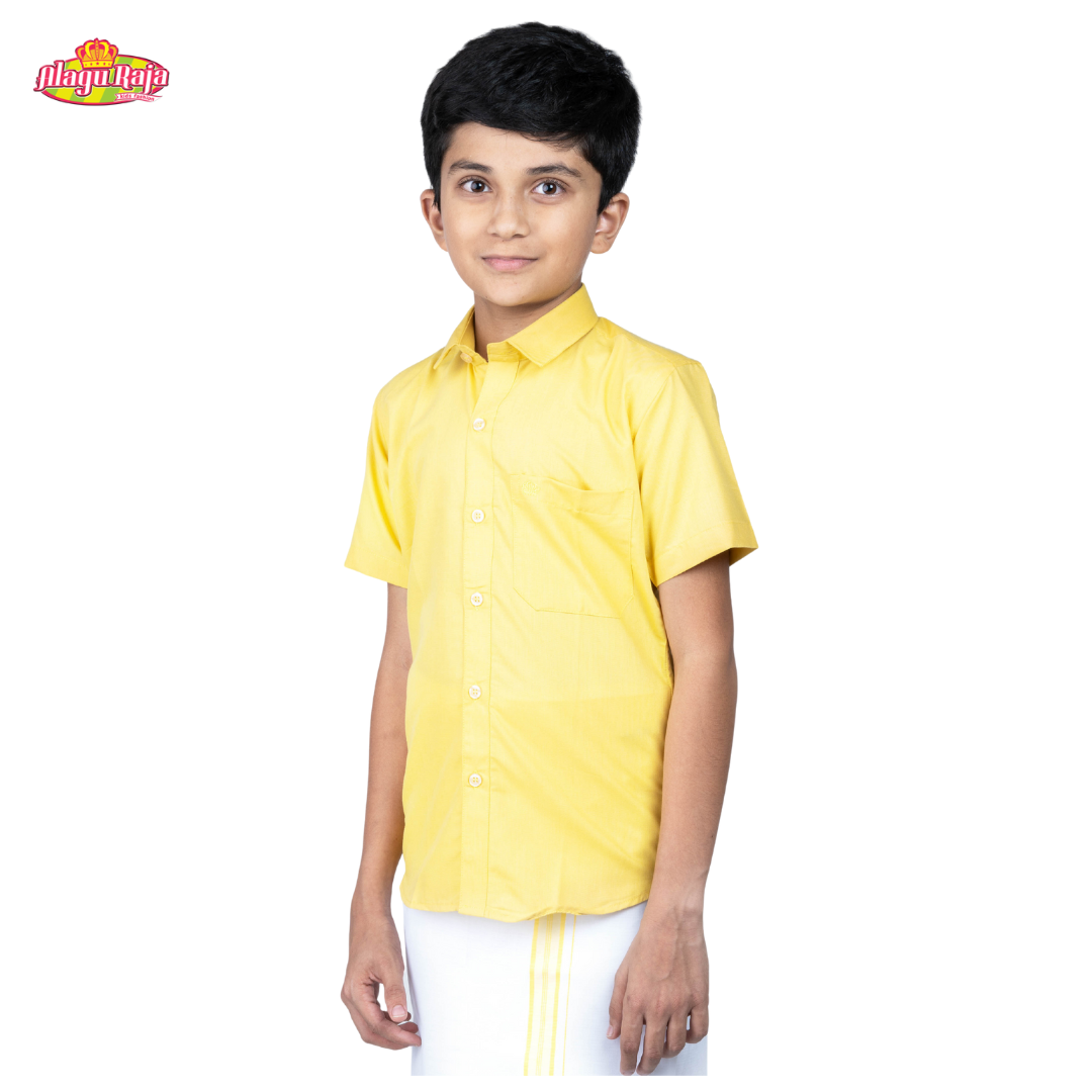 This Yellow short-sleeve shirt with a chest pocket paired with white velcro dhothi featuring Yellow line borders.