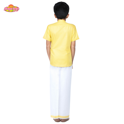 This Yellow short-sleeve shirt with a chest pocket paired with white velcro dhothi featuring Yellow line borders.