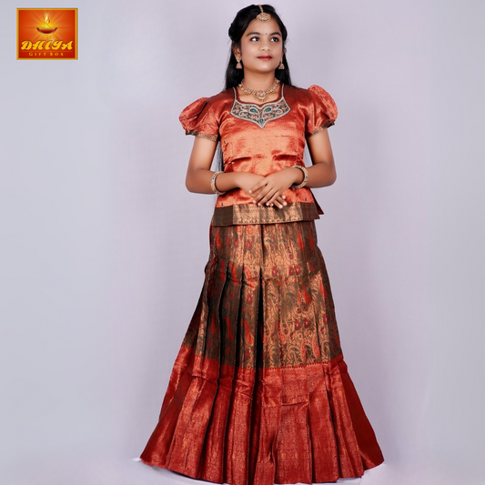 Maroon with Brown Colour 2 in 1 Half saree For Teen Age Girls Size 38,40 & 42