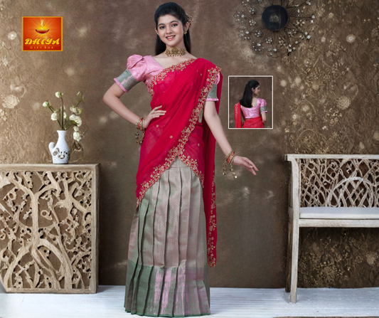 Red and pink half saree with gold embroidery, Dual Toned skirt, puff sleeves, and back neck Pattern design.