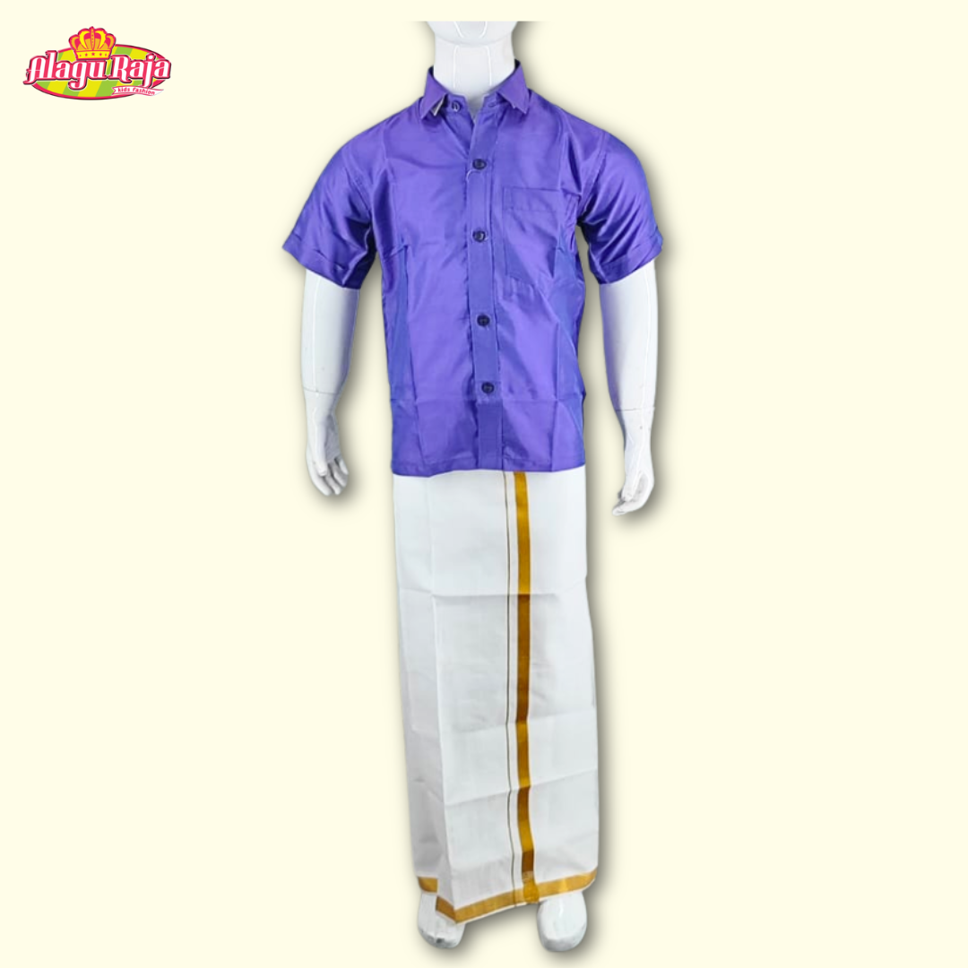 This Violet short-sleeve shirt with a chest pocket paired with white velcro dhoti featuring Golden line borders.