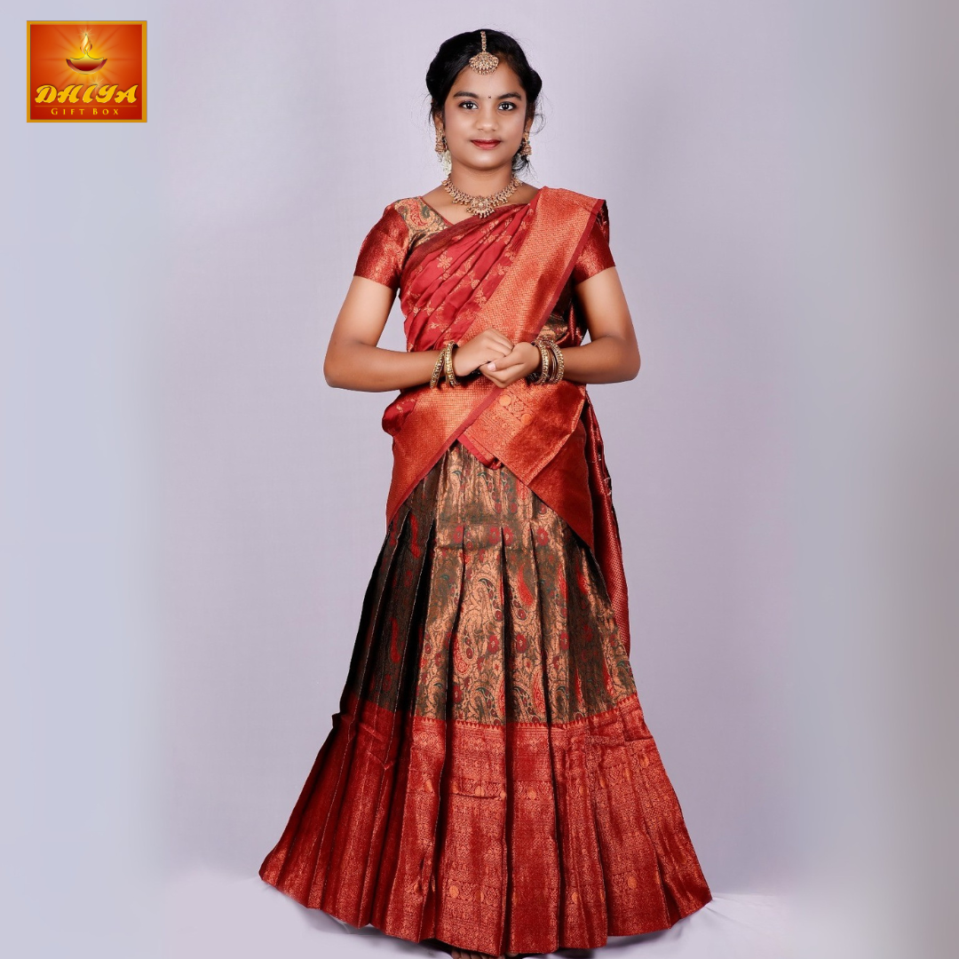 Maroon with Brown Colour 2 in 1 Half saree For Teen Age Girls Size 38,40 & 42