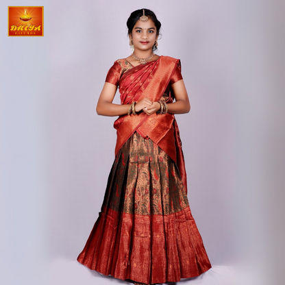 Maroon with Brown Colour 2 in 1 Half saree For Teen Age Girls Size 38,40 & 42