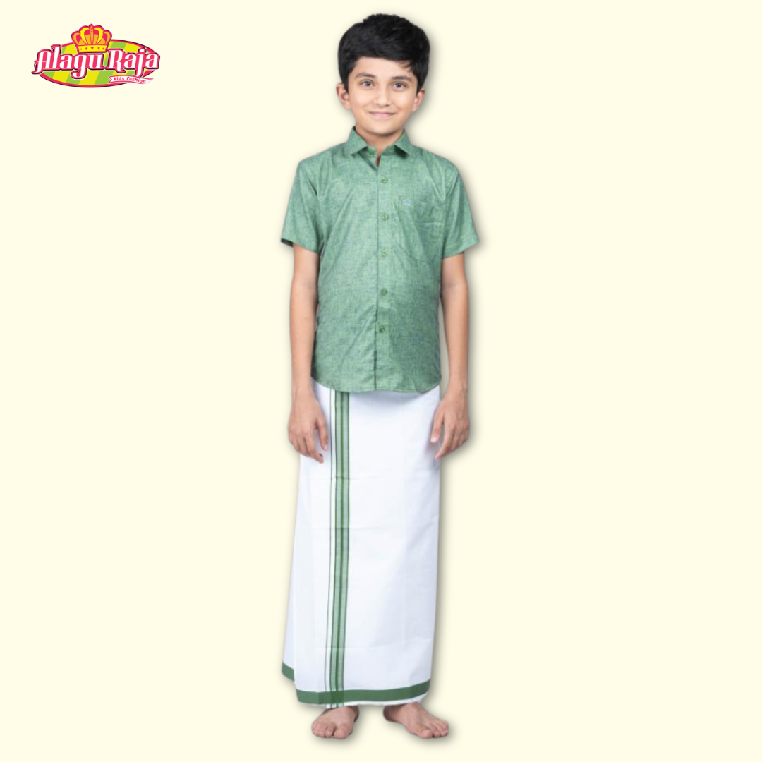 This Green short-sleeve shirt with a chest pocket paired with white velcro dhoti featuring Green and Dark Green line borders.