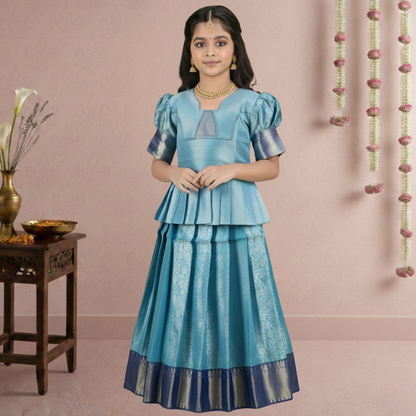 Green & Pink Pattu Pavadai | Girls Traditional Wear |Kids Ethnic Wear