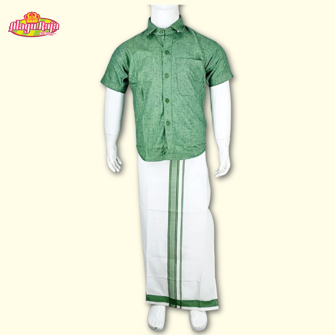 This Green short-sleeve shirt with a chest pocket paired with white velcro dhoti featuring Green line borders.