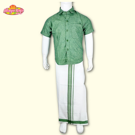 This Green short-sleeve shirt with a chest pocket paired with white velcro dhoti featuring Green line borders.