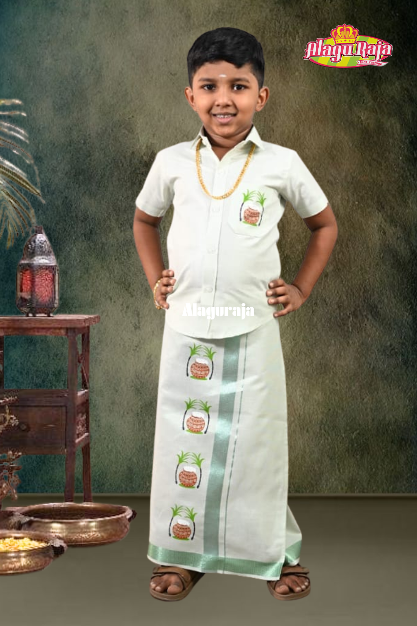 Boy's Green colour Pongal printed dhothi set