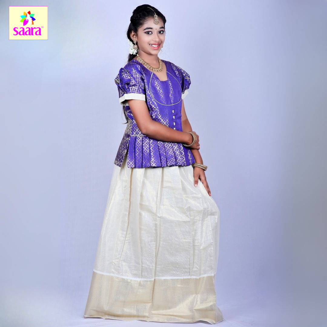 Purple & White Pattu Pavadai for Girls | Saara Fashion