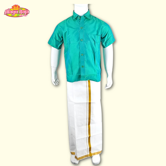This Green short-sleeve shirt with a chest pocket paired with white velcro dhoti featuring Golden line borders.