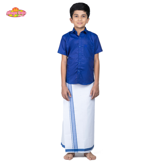 This Blue short-sleeve shirt with a chest pocket paired with white velcro dhothi featuring Blue line borders.