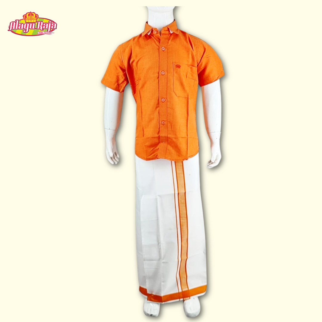 This Orange short-sleeve shirt with a chest pocket paired with white velcro dhoti featuring Orange line borders.