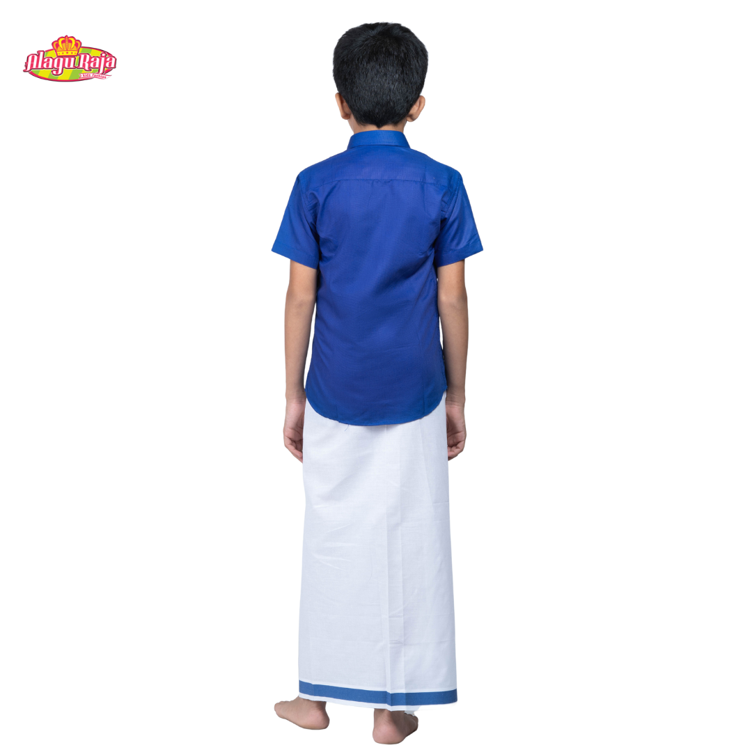Blue Shirt & White Dhothi | Boys Dhothi Set | Kids Ethnic Wear
