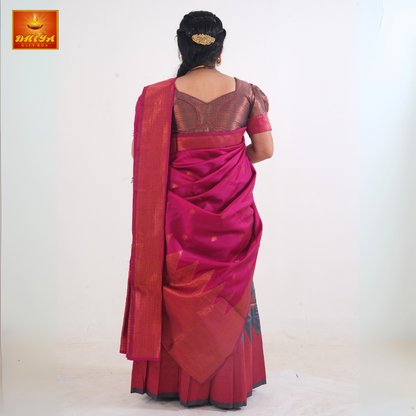 This Half saree features Pink shawl with and Grey printed Skirt ,Zari border, and matching Brown Puff sleeve blouse with piping details.