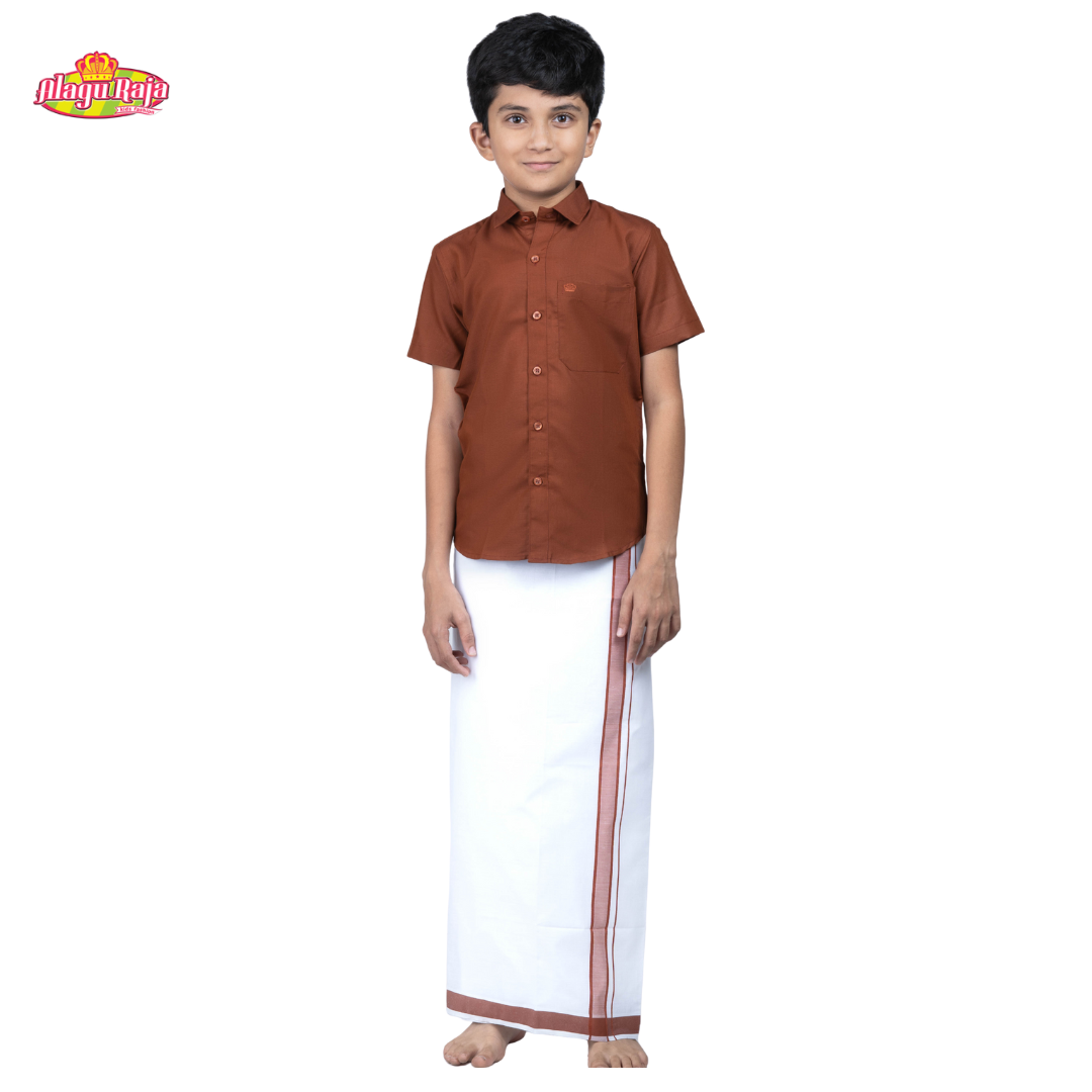 This Brown short-sleeve shirt with a chest pocket paired with white velcro dhothi featuring Brown line borders.