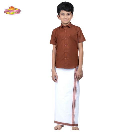 This Brown short-sleeve shirt with a chest pocket paired with white velcro dhothi featuring Brown line borders.