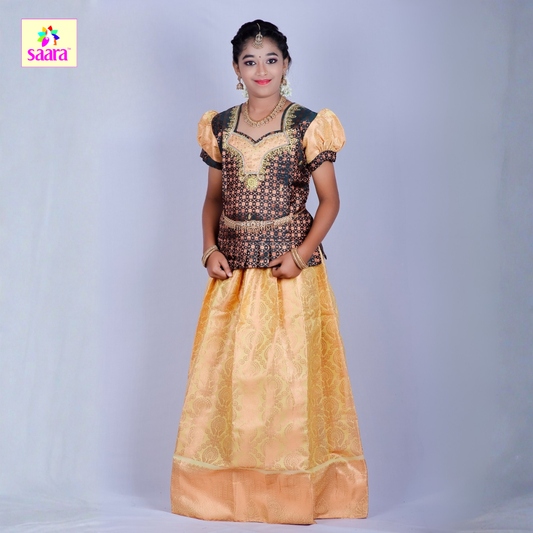This Pattu Pavadai features Green Patch worked Top with Yellow skirt.