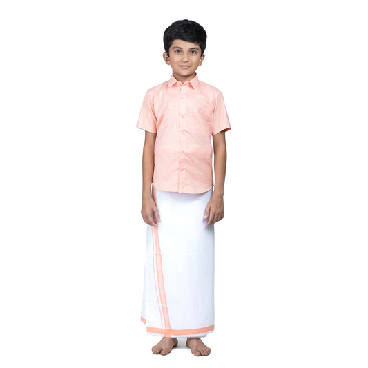 Peach Shirt & White Dhothi | Boys Dhothi Set | Kids Ethnic Wear